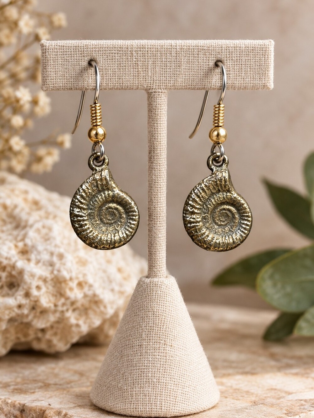 Rare Artisan Ammonite Fossil Cast Shell Drop Earrings